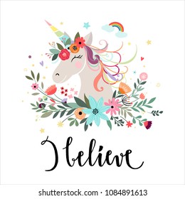 Unicorn with flowers card design, white background