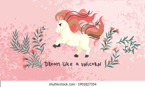 Unicorn with flowers. Cute cartoon pony on pink background. A jumping unicorn with a long mane. Fairy horse. Childrens vector illustration. Horizontal drawing, print, for textile.