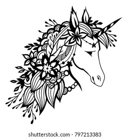 Unicorn with flowers in his hair. Monochrome illustration isolated on white background