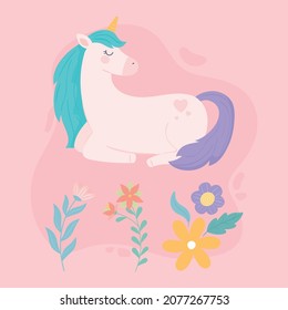 unicorn and flowers icons set