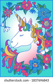 Unicorn with flowers and leaf. Card, print, poster for children, adults at home, school.