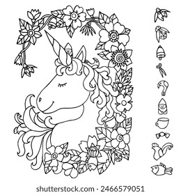 Unicorn with flowers and leaves frame. Find and color hidden objects. Coloring page. Puzzle game for kids. Hand drawn vector illustration