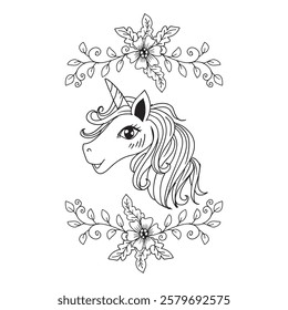 Unicorn with flowers and leaves. Vector illustration in doodle style.