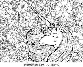 Unicorn and flowers. Magical animal. Vector artwork. Black and white, monochrome. Coloring book pages for adults and kids. Zentangle Illustration. Boho, bohemian. Spring, summer pattern, print