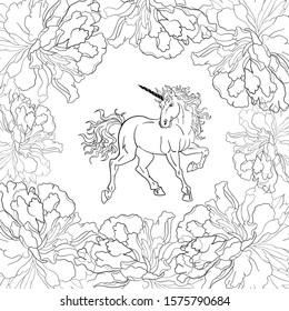 Unicorn with flower's pattern colouring book vector illustration.