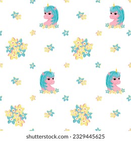 Unicorn and flowers. Seamless festive pattern for birthday