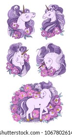 Unicorn with flowers set. Hand drawn vector illustration. Fairy horse cute head surrounded by peonies.