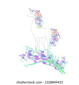 Unicorn in flowers. Vector illustration.