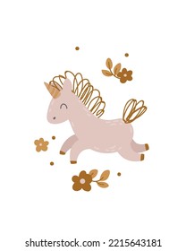Unicorn with flowers. Vector print for children room, fabric, paper, greeting card, postcard, card, t shirt, poster, textile. Vector illustration. 