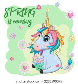 Unicorn with flowers, in a wreath, spring is coming, postcard for the holiday of spring