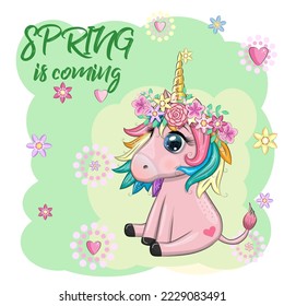 Unicorn with flowers, in a wreath, spring is coming, postcard for the holiday of spring