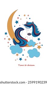 Unicorn with fluffy multicolored tail playful in clouds with moon, Vector isolated illustration,Greeting card