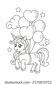 Unicorn fly with balloons printable coloring page