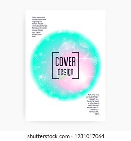 Unicorn flyer. Kawaii rainbow hologram. Princess holographic gradient. Bright universe banner. Fantasy cover. Unicorn flyer with magic sparkles, stars and blurs for girl party invitation.