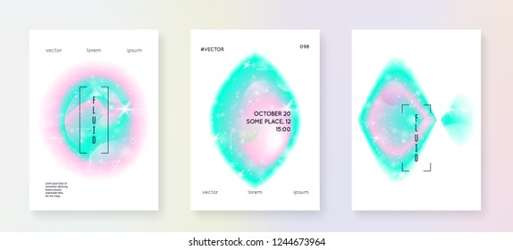 Unicorn flyer. Kawaii rainbow hologram. Princess holographic gradient. Fantasy set. Stylish universe banner. Unicorn flyer with magic sparkles, stars and blurs for girl party invitation.