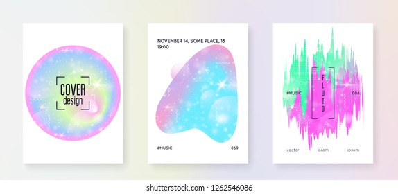 Unicorn flyer. Kawaii rainbow hologram. Princess holographic gradient. Fantasy set. Fluorescent universe banner. Unicorn flyer with magic sparkles, stars and blurs for girl party invitation.