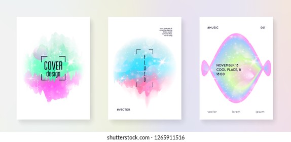 Unicorn flyer. Kawaii rainbow hologram. Princess holographic gradient. Spectrum universe banner. Fantasy set. Unicorn flyer with magic sparkles, stars and blurs for girl party invitation.