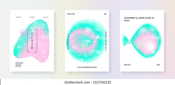 Unicorn flyer. Kawaii rainbow hologram. Princess holographic gradient. Fantasy set. Pearlescent universe banner. Unicorn flyer with magic sparkles, stars and blurs for girl party invitation.