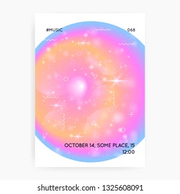 Unicorn flyer. Kawaii rainbow hologram. Princess holographic gradient. Fluorescent universe banner. Fantasy cover. Unicorn flyer with magic sparkles, stars and blurs for girl party invitation.