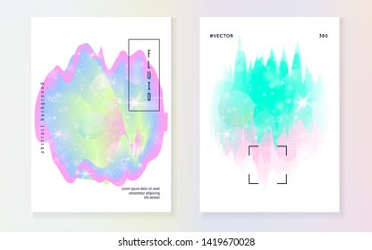 Unicorn flyer. Kawaii rainbow hologram. Princess holographic gradient. Fantasy set. Neon universe banner. Unicorn flyer with magic sparkles, stars and blurs for girl party invitation.
