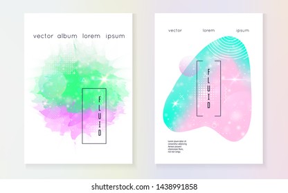 Unicorn flyer. Kawaii rainbow hologram. Princess holographic gradient. Bright universe banner. Fantasy set. Unicorn flyer with magic sparkles, stars and blurs for girl party invitation.