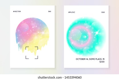 Unicorn flyer. Kawaii rainbow hologram. Princess holographic gradient. Fantasy set. Liquid universe banner. Unicorn flyer with magic sparkles, stars and blurs for girl party invitation.