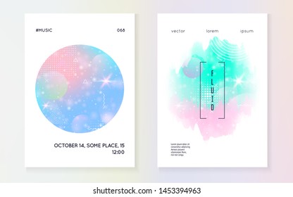 Unicorn flyer. Kawaii rainbow hologram. Princess holographic gradient. Girlie universe banner. Fantasy set. Unicorn flyer with magic sparkles, stars and blurs for girl party invitation.