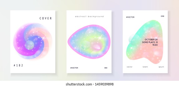 Unicorn flyer. Kawaii rainbow hologram. Princess holographic gradient. Fluorescent universe banner. Fantasy set. Unicorn flyer with magic sparkles, stars and blurs for girl party invitation.