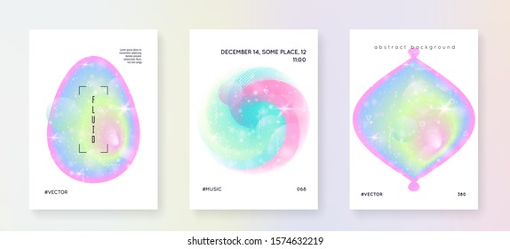 Unicorn flyer. Kawaii rainbow hologram. Princess holographic gradient. Fantasy set. Neon universe banner. Unicorn flyer with magic sparkles, stars and blurs for girl party invitation.