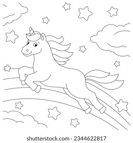 A unicorn flying across the sky. Coloring book page for kids. Cartoon style character. Vector illustration isolated on white background.