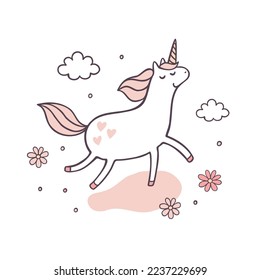 Unicorn flying among flowers and clouds flat color vector animal. Magical character picture on white. Fairy tales cartoon style illustration.
