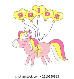 Unicorn Flying in Balloons Marriage Proposal Ring on the Horn Bride Bachelorette Party in Retro Groovy Style Temporary Sticker or Badge