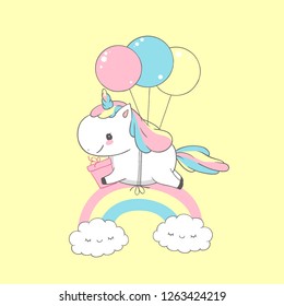 Unicorn Flying Balloons Over Rainbow Birthday Card. Happy Little Pony Hold Gift. Can be used for t-shirt print, kids wear fashion design, baby shower invitation card. Postcard Design