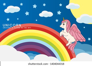 Unicorn is flying in the blue sky.