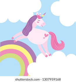 Unicorn flying in clouds and rainbow fantasy cartoons vector graphic digital image