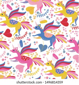 Unicorn flying flat vector pattern