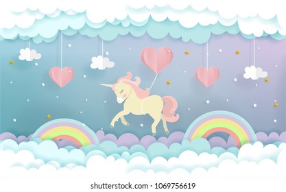 A unicorn flying with heart balloons in the sky, cute unicorn in paper cut style. Vector illustration