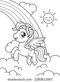 Unicorn flying on a cloud with a rainbow coloring page illustration