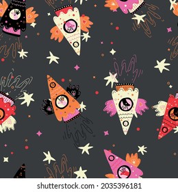 Unicorn flying in rocket flat vector illustration. Scandinavian style animal traveling in space. Sketchy stars, planets. Children textile, t-shirt print pattern.
