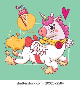 Unicorn flying super cute cheerful celebration for card or banner with doodle hand drawn full color illustration