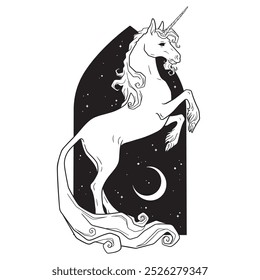 Unicorn folclore mágico animal sobre o céu noturno com lua crescente mão desenhada linha arte tatuagem gótica design isolado vetor ilustração