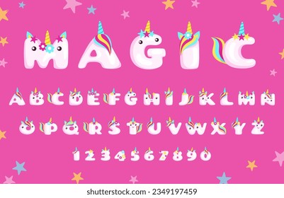 Unicorn font. Cartoon style alphabet with cute unicorn horn and rainbow hair. Magic letters and numbers with shiny stars vector symbols set of alphabet unicorn cute illustration