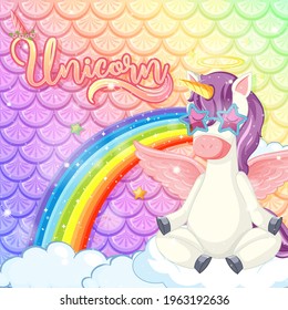 Unicorn font with cute unicorn cartoon character on rainbow fish scales background illustration