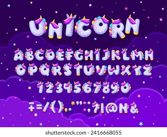 Fuente de unicornio, tipo de cuento de hadas y tipografía animal linda, alfabeto inglés de magia vectorial. Fuente de dibujos animados con arco iris y nube, letras de texto para tipografía en ABC rosa y azul, tipo de unicornio para niña