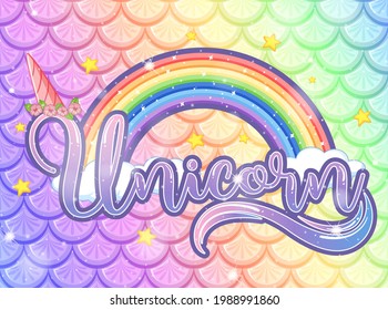 Unicorn font on pastel rainbow fish scales background illustration