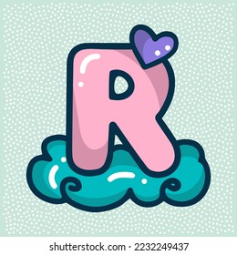 unicorn font, pink letter R on cloud and heart