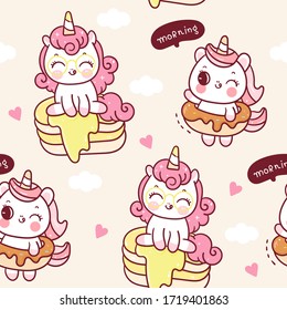 Unicorn food vector Seamless pattern donut and pancake: Series Kawaii cartoon Girly doodles(Fairytale animal). Magic character background illustration. Perfect design for fashion fabrics.