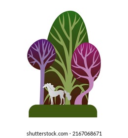 Unicorn in the forest. Beautiful clipart. Vector illustration. A fairytale character. A fantastic animal.