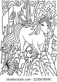Unicorn In Forest Coloring Page for Adults