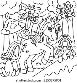 Unicorn In A Forest Coloring Page for Kids